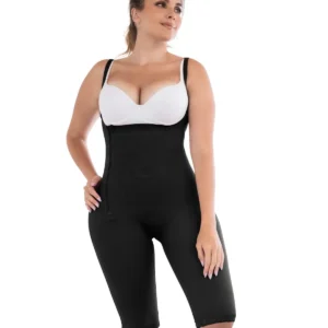 High compression post-surgical knee girdle with side closure and abdominal control